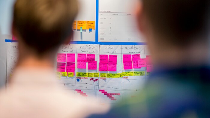 Two participants in a workshop look at a wall covered in sticky notes