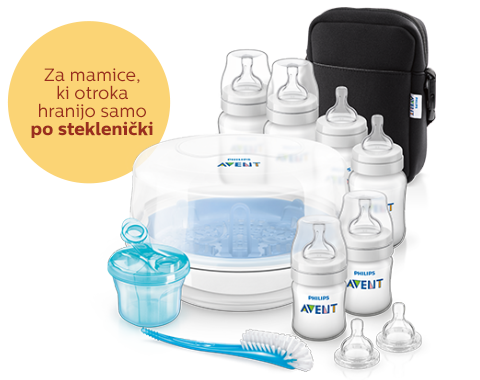 Osnovni pripomočki za hranjenje po steklenički: stekleničke, parni sterilizator Philips Avent