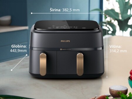 Cvrtnik Philips z dvema košarama na kuhinjskem pultu z merami: širina: 38,25 cm, globina: 31,42 cm, višina: 44,39 cm